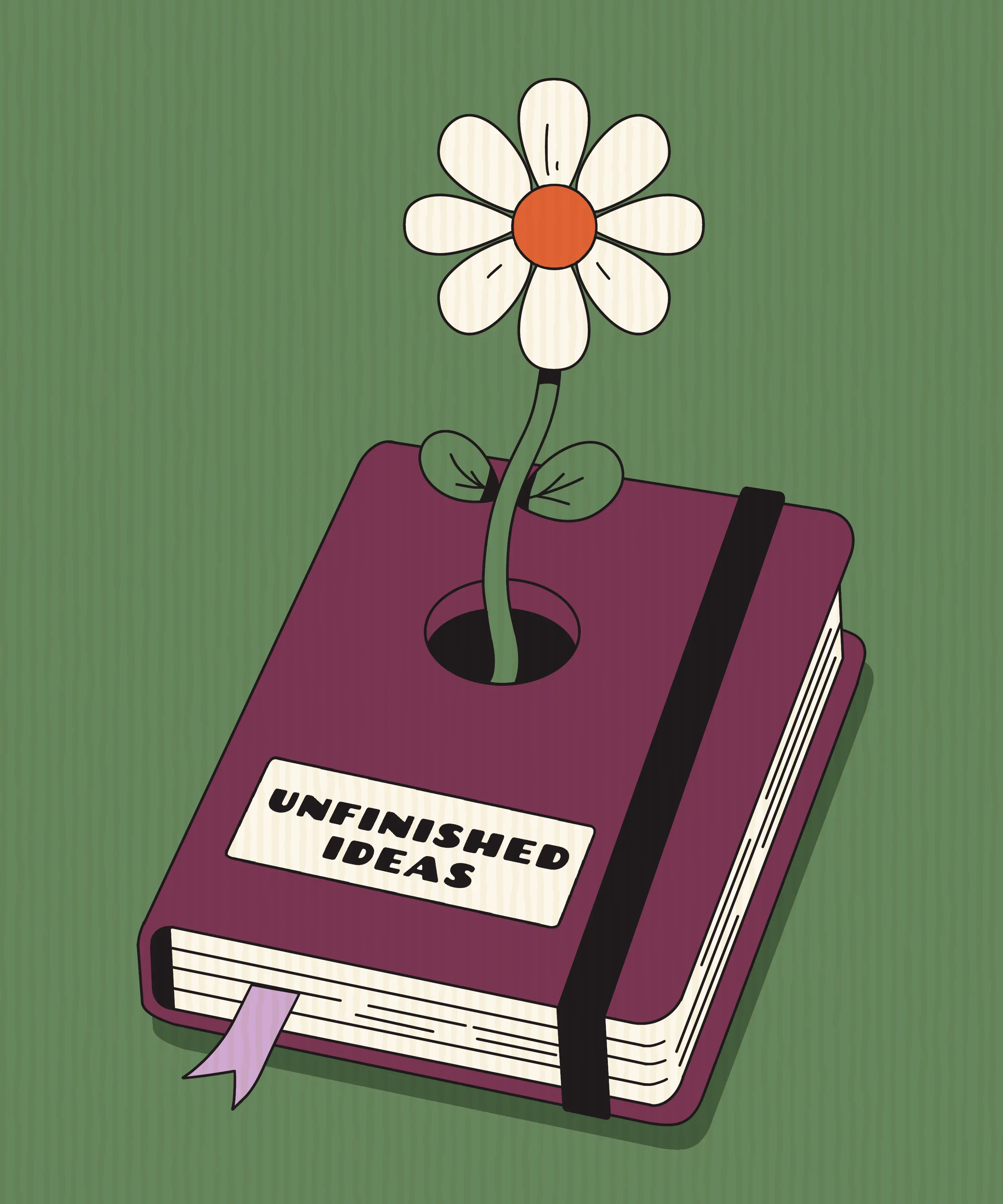 A daisy growing out of a closed notebook labelled “Unfinished Ideas”