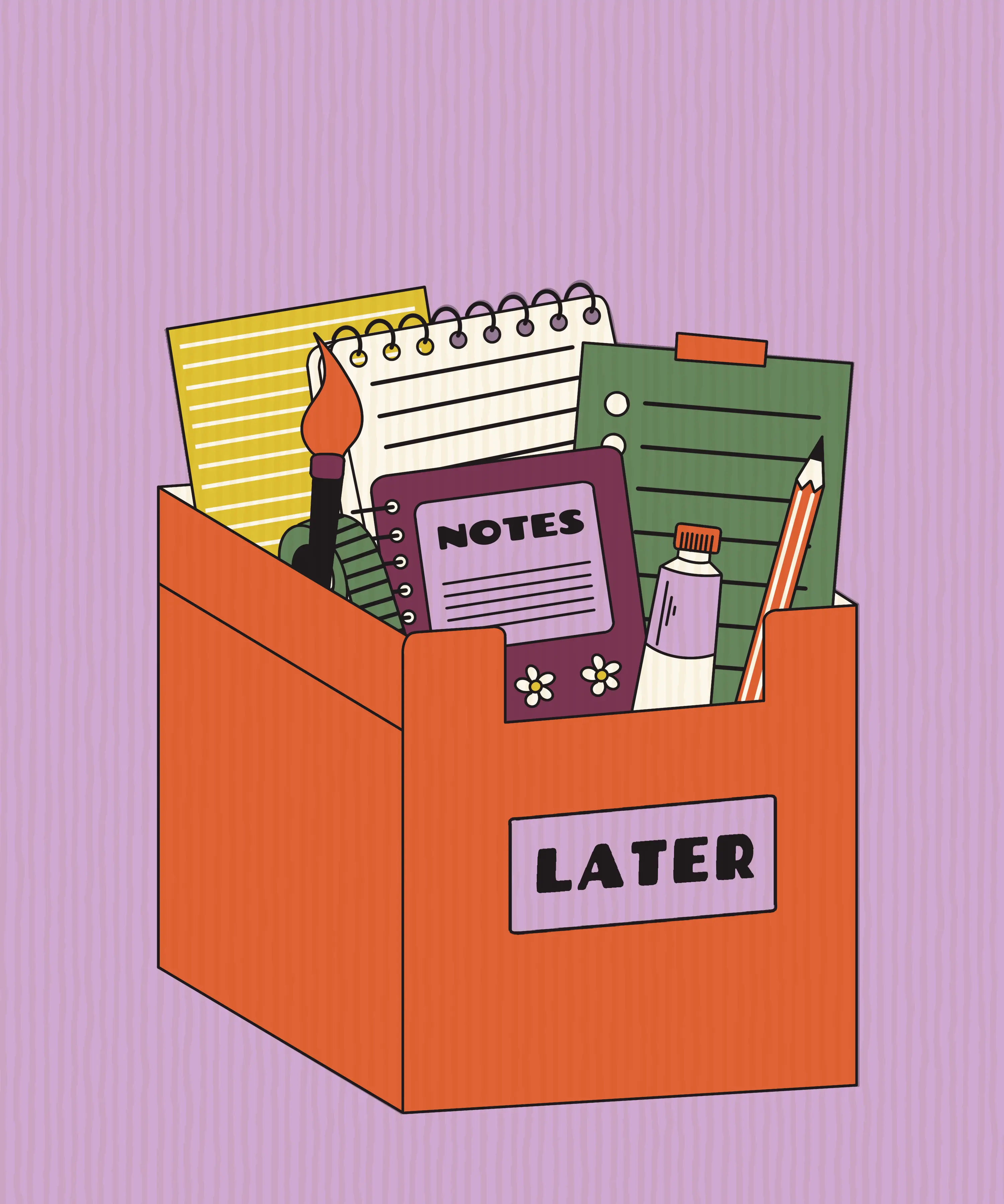 An orange box labelled “Later”, overflowing with notebooks, notes, a brush and a pencil