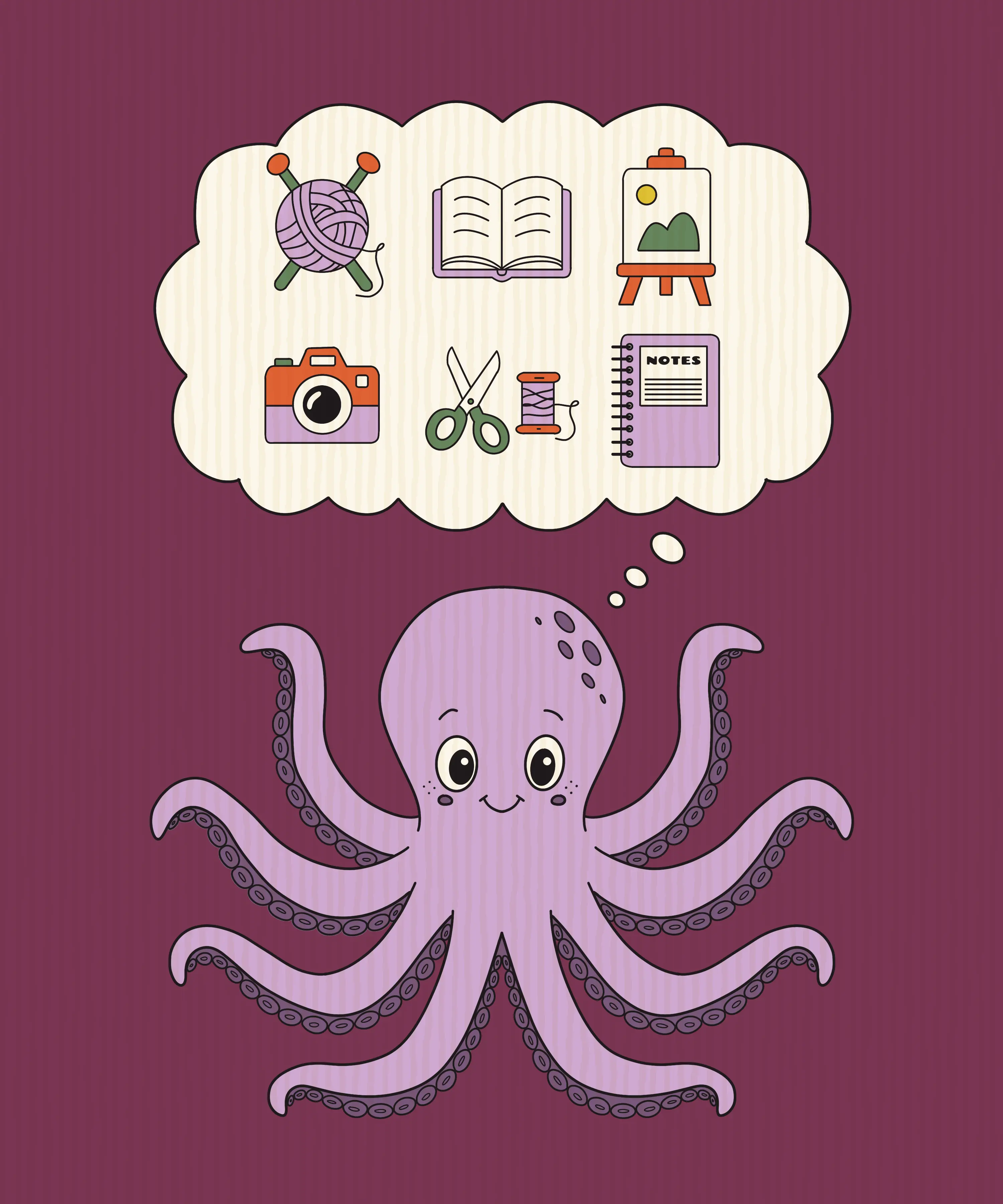 A lavender octopus thinking about yarn, a book, an easel, a camera, scissors and a notebook