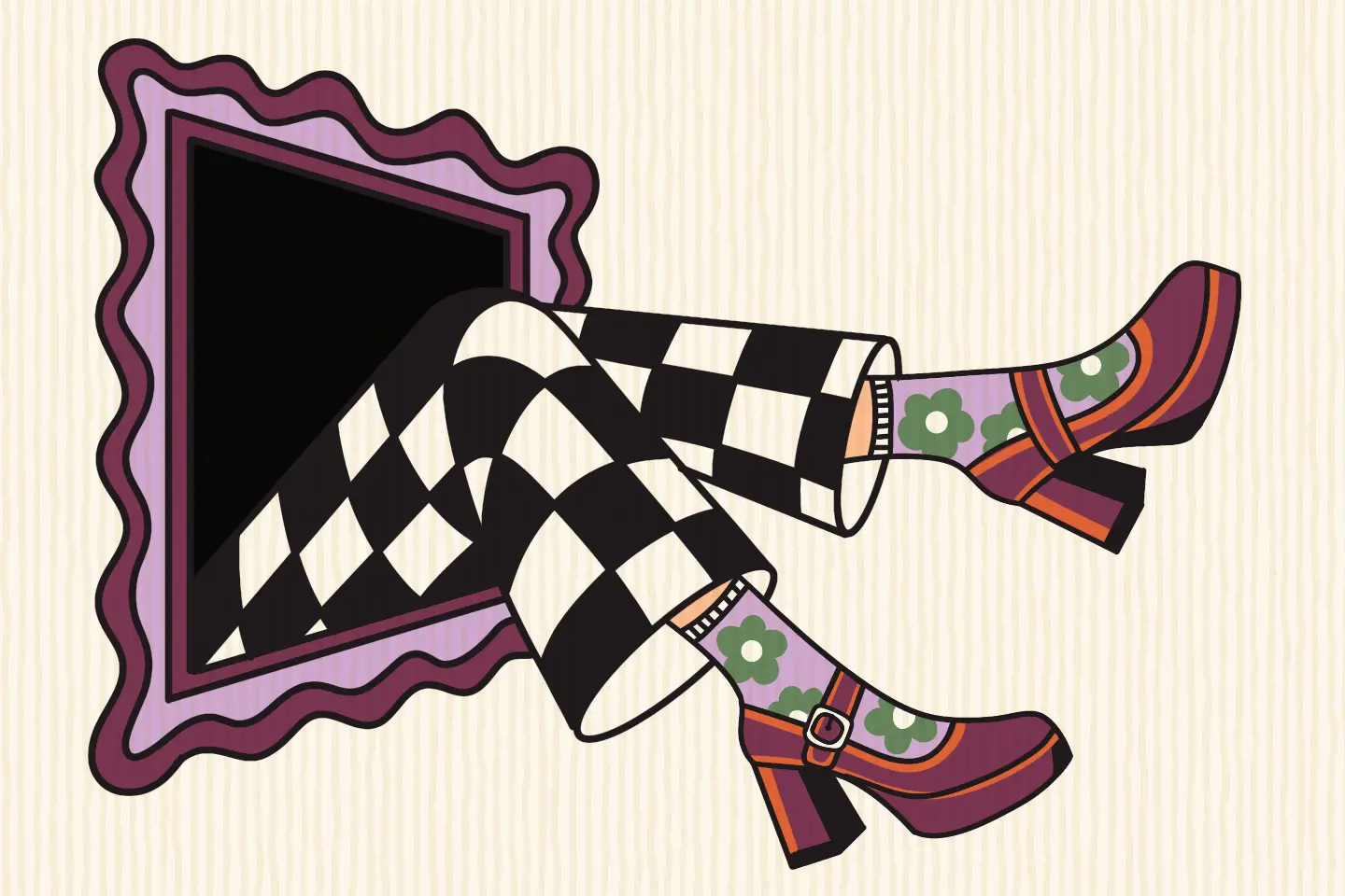 Legs in checkered trousers and platform shoes stepping out of a picture frame