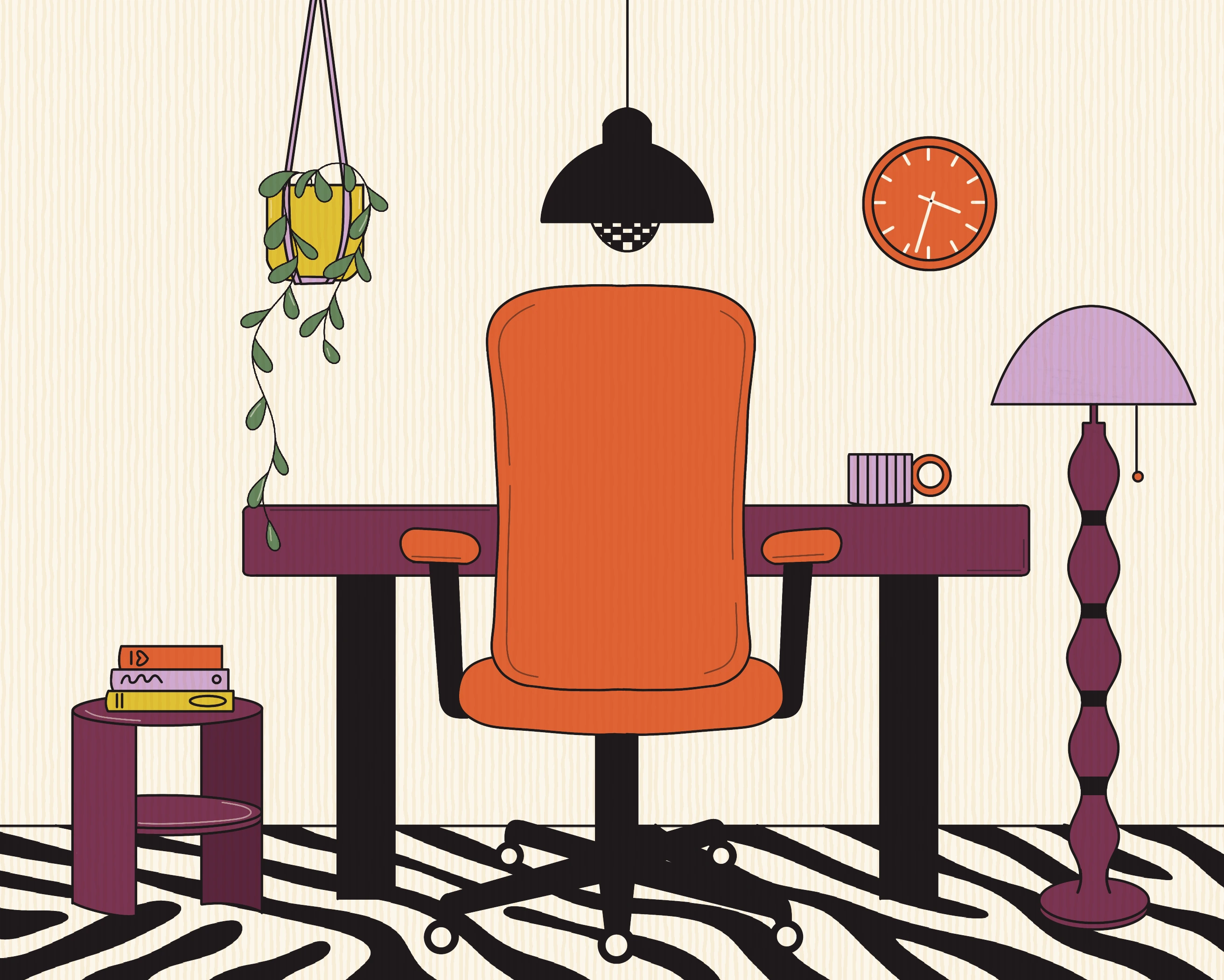 Workspace with a desk, a hanging plant and a lamp on a zebra-striped floor